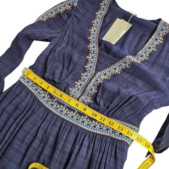Boden Embroidered V-Neck Midi Dress, Navy, Long Sleeve, Feminine, Size 2 - Picture 8 of 10